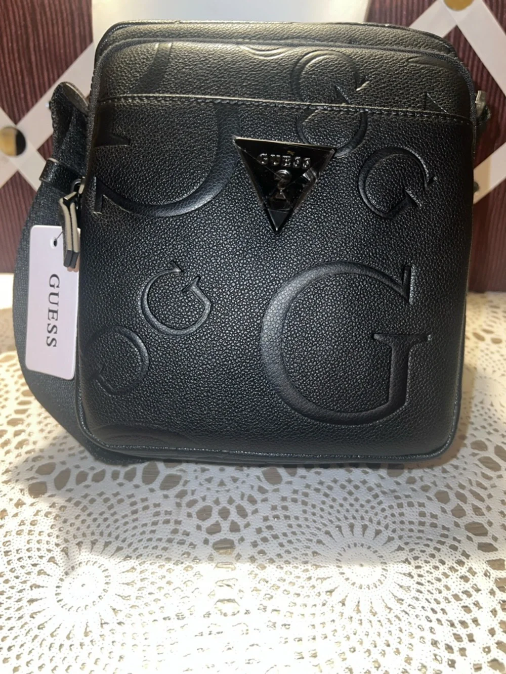 GUESS Black Embossed Logo Messenger Crossbody Bag